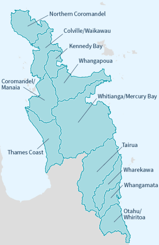 Illustrated map of the Coromandel catchment zone boundaries