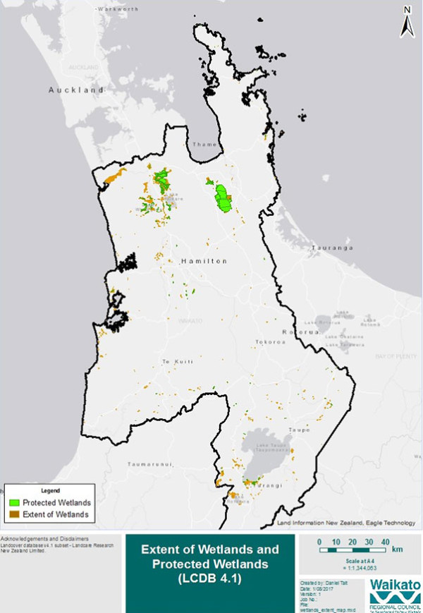 Map showing extent of wetlands and protected wetlands in Waikato region