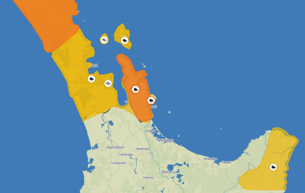 MetService map of the North Island showing the area of the region which is covered by the Orange Heavy Rain Warning.