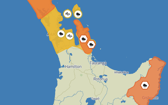 MetService map of part of the North Island showing the area of the Coromandel Peninsula under Heavy Rain Warning.