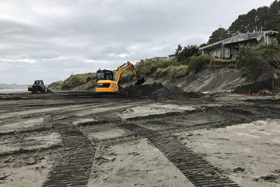 A bobcat and a digger were used to push up sand from below the high tide line to create a small dune, to plant out, against scarp.