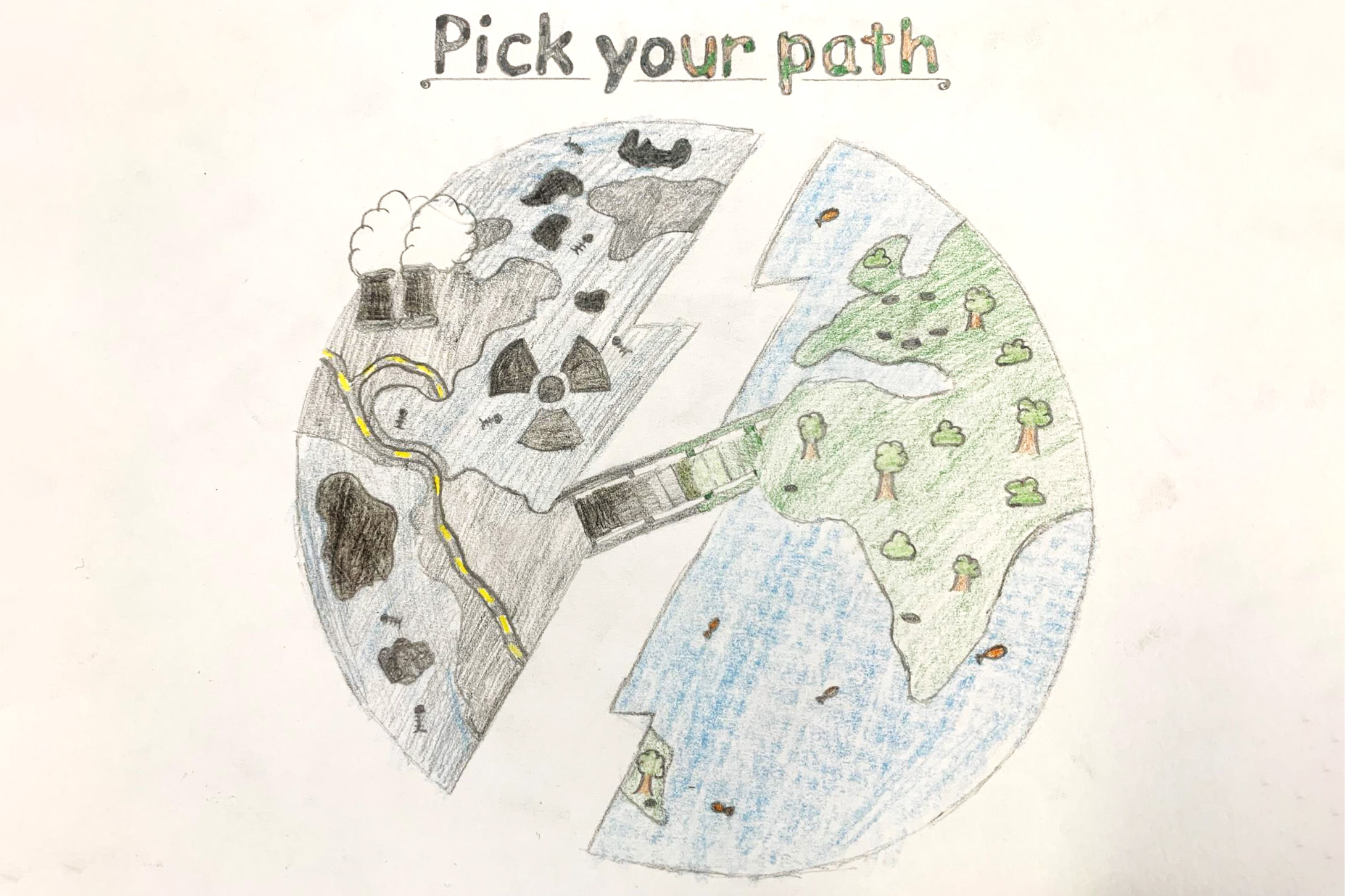 Kids drawing of earth depicting one side where climate has become a problem and one side where it is healthy